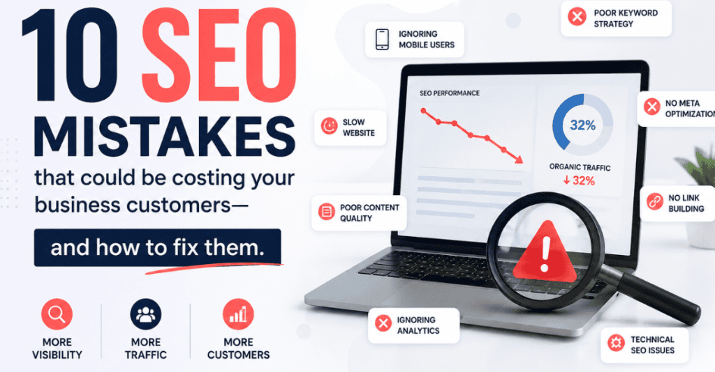 10 SEO mistakes costing businesses customers, including poor keyword strategy, slow website speed, weak content, missing meta optimization, and technical SEO issues.”